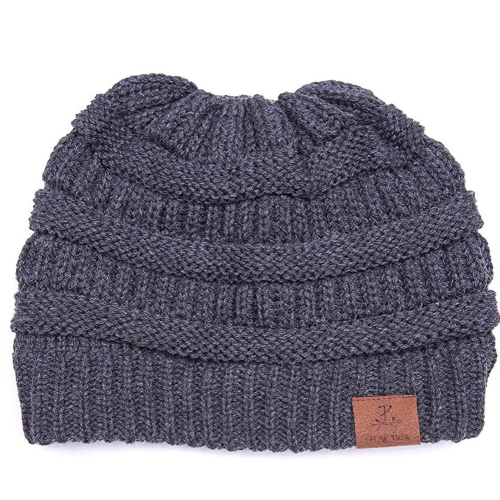 CHARCOAL GREY BUN BEANIE WINTER HAT WOMEN BOUTIQUE - Picture 2 of 3